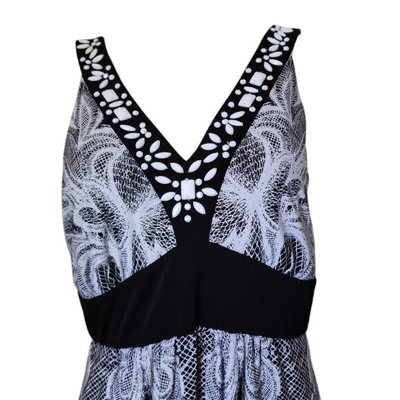 Style & Co Dress Womens Size XL Black White Beaded Neckline Smocked Long Maxi - Picture 2 of 7